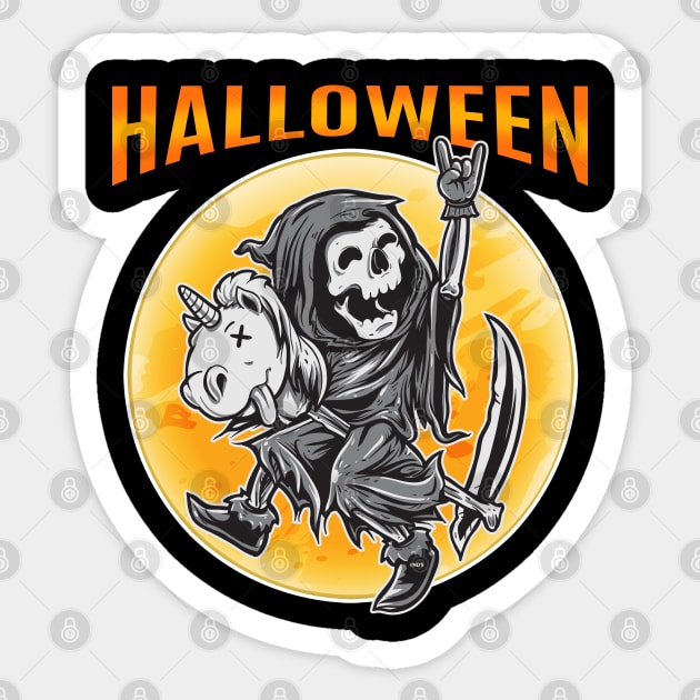Death Reaper on a Toy Unicorn Funny Halloween costume Tee Sticker by creative
